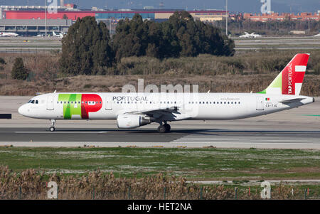 TAP Portugal Airbus A321 taxiing along the runway at El Prat Airport in Barcelona, Spain. Stock Photo