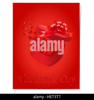 Open gift box with a bow on a red background. Flying hearts. illustration Stock Vector