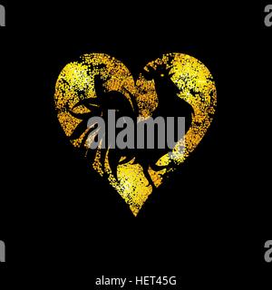 Heart of light dots on black background isolated. The stylized image of a rooster. illustration Stock Vector