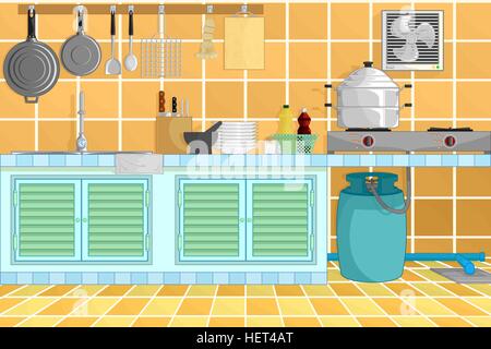 kitchen interior background from thai kitchen style with kitchenware. vector illustration. Stock Vector