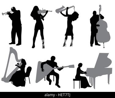 Silhouettes of the musicians playing musical instruments Stock Vector