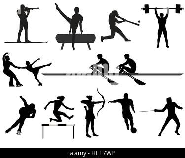 Silhouettes of athletes on trainings and competitions, a collection of sports Stock Vector