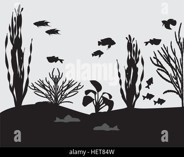 Silhouettes of fishes and algae in aquarium Stock Vector