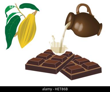 Chocolate bar and jug with milk. Color vector illustration. Stock Vector