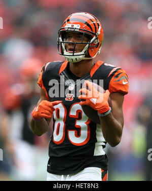 Cincinnati Bengals wide receiver Tyler Boyd (83) warms up in a Damar Hamlin  jersey in support of the Buffalo Bills safety during pregame before an NFL  football game against the Baltimore Ravens