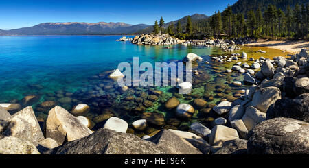 Sand Harbor, Lake Tahoe, Nevada on a sunny day with blue sky and clear water. Stock Photo