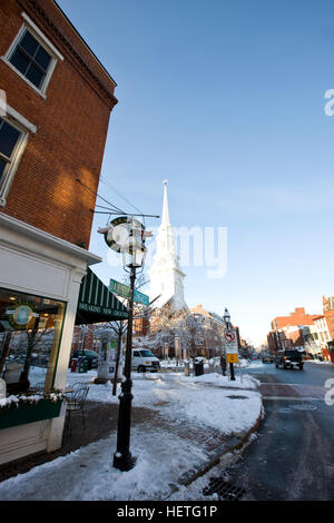The North Church and Breaking New Grounds in Market Square in Portsmouth, New Hampshire.  Winter. Stock Photo