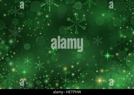 Green Christmas background with snowflakes and sparkles Stock Photo