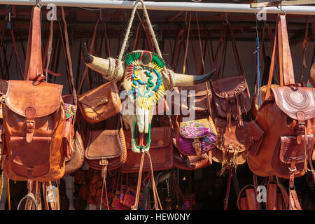 Hand made leather goods for sale at a street market in Playa del Carmen, Riviera Maya, Mexico Stock Photo