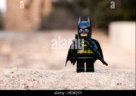 Paphos, Cyprus - October 18, 2016 Lego Batman minifigure stay outdoors. Stock Photo
