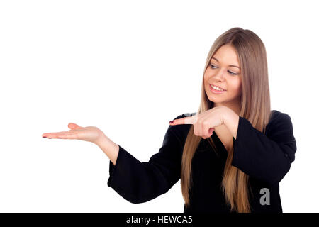 Blonde attractive girl indicating something with her hands isolated on a white background Stock Photo