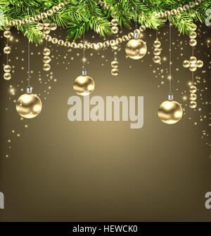 Illustration Shimmering Background with Fir Branches and Golden Christmas Balls - Vector Stock Vector
