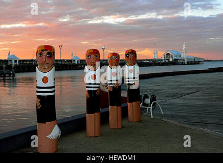 Jan Mitchell (1940 – 17 March 2008) was an Australian artist, born in Melbourne, known for her painted bollards and work as a television graphic arti  . She created her first bollard art in Barwon Heads as part of an artist-in-schools program. She took the concept of the Baywalk Bollards to Geelong city commissioners in 1994, and by 1999 there were over 100 brightly-painted bollards, made out of recovered wharf pylons, scattered along the foreshore, depicting notable characters relating to Geelong's history and culture.[3] Her bollards can also be seen at Melbourne Airport and Avalon Airport. Stock Photo