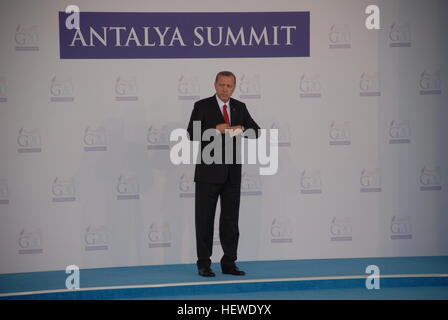 Turkish President Recep Tayyip Erdogan at the Welcoming Ceremony of G20 Summit in Regnum Carya Hotel. Stock Photo