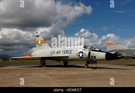 The Convair F-102 Delta Dagger was an American interceptor aircraft that was built as part of the backbone of the United States Air Force's air defenses in the late 1950s. Entering service in 1956, its main purpose was to intercept invading Soviet bomber fleets during the Cold War. Designed and manufactured by Convair, 1,000 F-102s were built.  A member of the Century Series, the F-102 was the first operational supersonic interceptor and delta-wing fighter of the USAF. It used an internal weapons bay to carry both guided missiles and rockets. As originally designed, it could not achieve Mach 1 Stock Photo