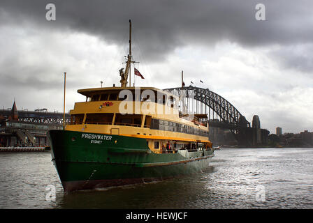 MV Freshwater is the lead ship of four Freshwater class ferries that operate the Manly ferry service between Circular Quay and Manly on Sydney Harbour. The ferry is owned by the Government of New South Wales and operated by Harbour City Ferries. It is named after Freshwater Beach on Sydney's Northern Beaches. Stock Photo
