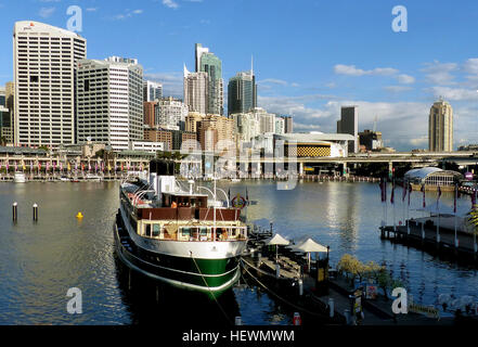 SS South Steyne is a retired steam ferry. For 36 years, she operated on the Manly run on Sydney Harbour and is now a floating restaurant moored at Darling Harbour.  SS South Steyne was built by Henry Robb in Leith, Scotland for the Port Jackson &amp; Manly Steamship Company. Launched on 1 April 1938, she set off on 7 July, to steam the 22,000 kilometres to Australia, where she arrived on 19 September. The Master of the vessel for the voyage was Captain Rowling.    She was withdrawn from service as a commuter ferry in 1974. On 25 August 1974, A week after the last run, a fire broke out in the f Stock Photo