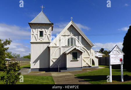 HISTORIC CHURCH: The Catholic Church of the Most Holy Passion was built in 1866 by an early premier of New Zealand, Sir Frederick Weld. It was moved to its Amberley site on State Highway 1 in the mid-1950s. Stock Photo