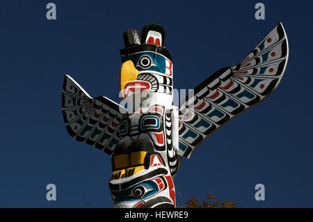 One of Stanley Park's most fascinating attractions (and one of the most-visited tourist attractions in British Columbia) is the renowned totem-pole display at Brockton Point. Begun in the early 1920s with just four totems from Vancouver Island's Alert Bay region, the display grew over the decades to include totems from the Queen Charlotte Islands and Rivers Inlet (on British Columbia's central coast). Some of the original totem poles were carved as early as the late 1880s and have been sent to museums for preservation; others were commissioned or loaned to the park between 1986 and 1992. Stock Photo