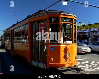 The F Market &amp; Wharves line is one of several light rail lines in San Francisco, California. Unlike the other lines, the F line is operated as a heritage streetcar service, using exclusively historic equipment both from San Francisco's retired fleet as well as from cities around the world. While the F line is operated by the San Francisco Municipal Railway (Muni), its operation is supported by Market Street Railway, a nonprofit organization of streetcar enthusiasts which raises funds and helps to restore vintage streetcars. Stock Photo