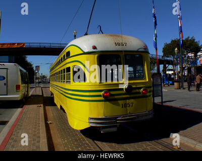 The F Market &amp; Wharves line is one of several light rail lines in San Francisco, California. Unlike the other lines, the F line is operated as a heritage streetcar service, using exclusively historic equipment both from San Francisco's retired fleet as well as from cities around the world. While the F line is operated by the San Francisco Municipal Railway (Muni), its operation is supported by Market Street Railway, a nonprofit organization of streetcar enthusiasts which raises funds and helps to restore vintage streetcars. Stock Photo