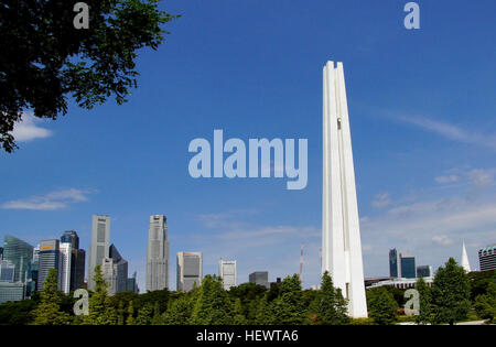 The monument was named the Civilian War Memorial but was affectionately known as the &quot;Chopsticks&quot; memorial with reference to its design. With four pillars each with a height of about 67 metres, the monument resembles two pairs of chopsticks. The design of the four pillars bears a significant meaning - they symbolise the four main races of people living in Singapore. Words were inscribed on the base of the memorial. In four languages, English, Mandarin, Malay and Tamil, the words read: &quot;Memorial to the Civilian Victims of the Japanese Occupation 1942-1945&quot;. Stock Photo