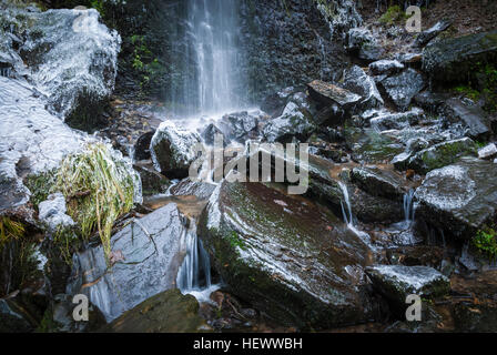 A landscape image of the bottom of Mallyan Spout, a small waterfall near Goathland, England,in winter. Stock Photo