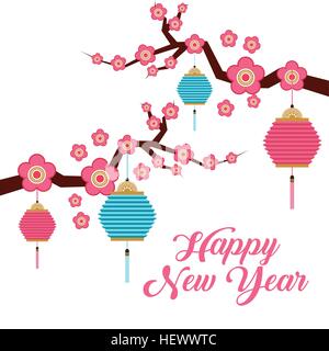 chinese lanterns and  branch with flowers decorations. happy new year concept. colorful design. vector illustration Stock Vector