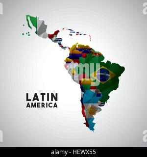 Map of Latin America with the flags of countries. colorful design. vector illustration Stock Vector