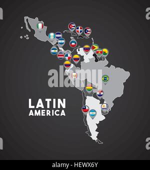 Map of Latin America with the flags of countries on location pins. colorful design. vector illustration Stock Vector