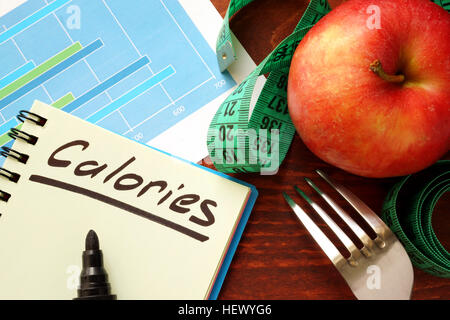 Calories written in a diary. Calorie counting concept. Stock Photo