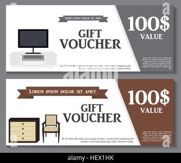 Gift Voucher Template with variation of furniture for apartments Stock Vector