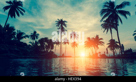 Beautiful tropical beach with palm trees silhouettes at dusk. Stock Photo