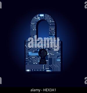 Padlock with a technological electronics circuit. Stock Vector