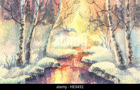 Winter background, landscape with snowfall. Watercolor hand drawn ...