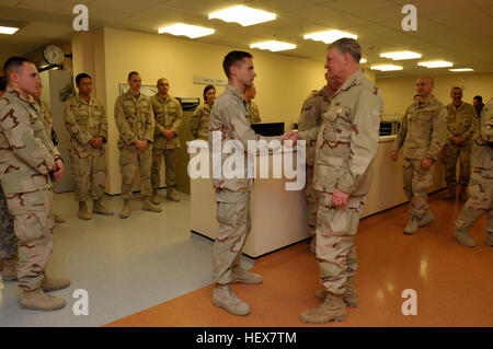 Chief of Naval Operations Adm. Gary Roughead meets Sailors at Role III Medical Center in Kandahar, Afghanistan. Visiting Afghanistan DVIDS360416 Stock Photo