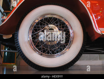 ication (,),Car Show,Car displays,Car museum,Chromed spoked wheel,Classic Roadsters,Gasoline Alley  Heritage Park Calgary.,Motor Museum,wheel,white walled trye Stock Photo