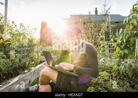 Man typing on laptop in sunlit community garden, Vancouver, Canada Stock Photo