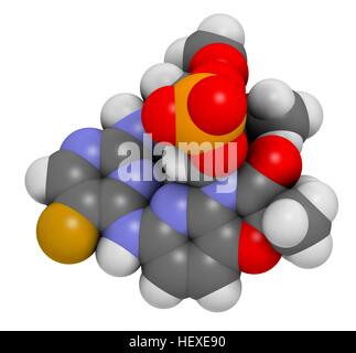 Fostamatinib rheumatoid arthritis drug molecule (Syk inhibitor), computer illustration. Atoms are represented as spheres with conventional colour coding: hydrogen (white), carbon (grey), nitrogen (blue), oxygen (red), fluorine (gold), phosphorus (orange). Stock Photo