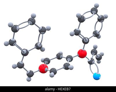 Fentanyl. Molecular model of the drug fentanyl (C22.H28.N2.O), a synthetic narcotic analgesic used for its rapid onset and short duration of action. It is used as a general anaesthetic and for palliative care. Atoms are represented as spheres and are colour-coded: carbon (grey), hydrogen (white), nitrogen (blue) and oxygen (red). Stock Photo