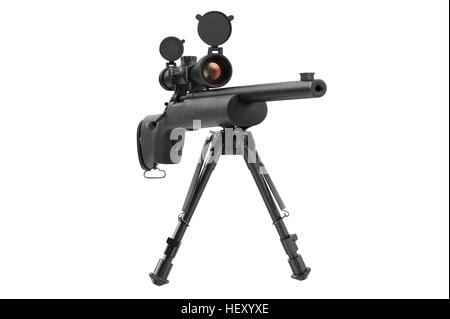 Rifle sniper aiming gun with optical scope, front view. 3D rendering Stock Photo