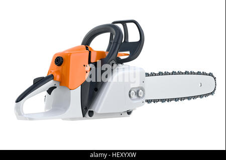 Chainsaw gasoline engine with black plastic handle. 3D rendering Stock Photo