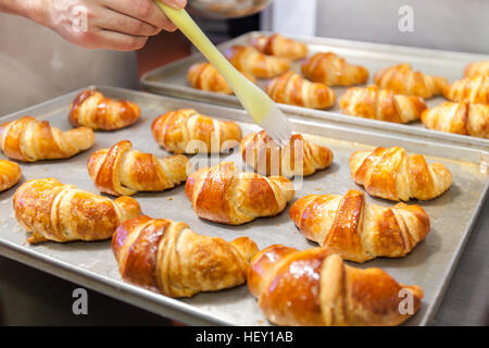 Detail of Hands preparing french croissant in colour Stock Photo