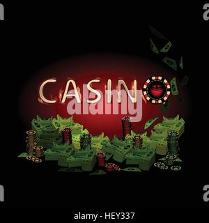 Casino fire letters on a dark background of a lot of money. Simple fashion symbol for web site design or a button for mobile applications. Logo Illust Stock Vector