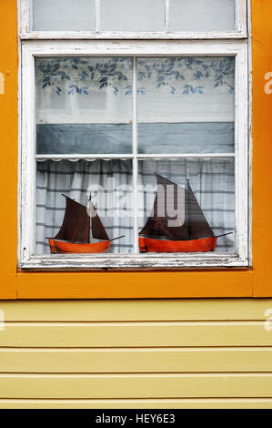 Model boats in a window, Turku, Finland Stock Photo