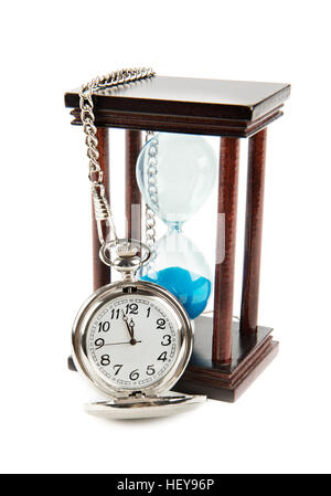 hourglass and a pocket watch isolated on white background Stock Photo