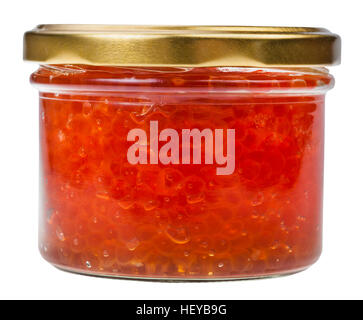 front view of closed glass jar with red caviar of pink salmon isolated on white background Stock Photo