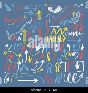 set of hand drawing isolated arrows collection on blue backgroun Stock Vector