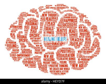 Healing Beliefs Brain word cloud on a white background. Stock Vector