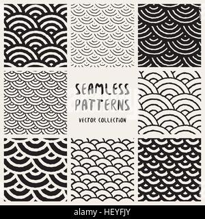 Set of Eight Seamless Black and White Hand Drawn Rounded Lines Geometric Patterns Collection. Abstract Freehand Artistic Background Design Stock Vector